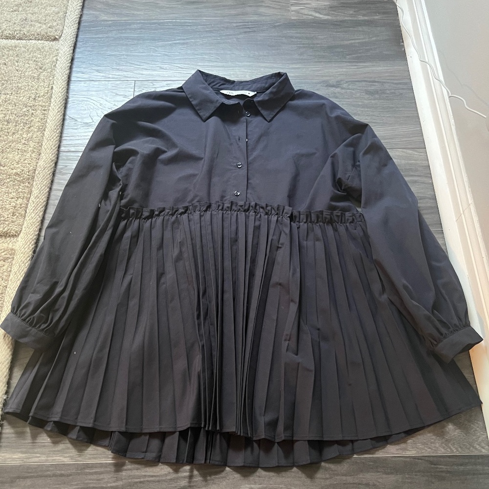 Dark Navy Pleated Shirt Mini Dress Zara XS
